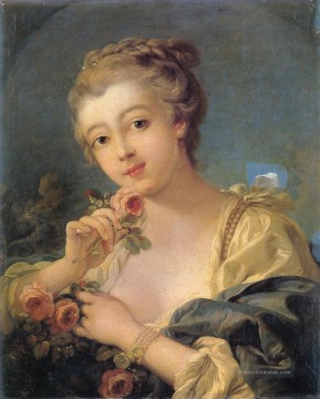 Junge Frau mit einem Blumenstrauß aus Rosen Francois Boucher Ölgemälde